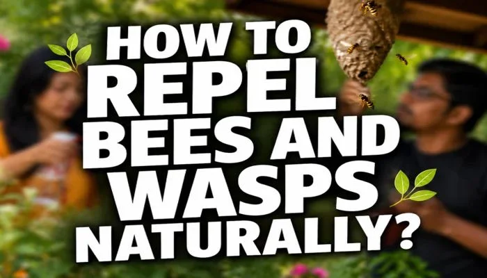 How to repel bees and wasps naturally - a couple in a garden near a wasp nest with bees flying around`