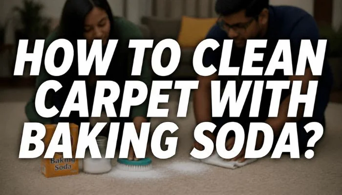 blurred couple cleaning carpet with baking soda using brush and cloth with text “How to Clean Carpet with Baking Soda?”