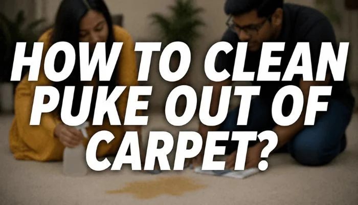 blurred couple cleaning puke stain from carpet with spray bottle and cloth with text “How to Clean Puke Out of Carpet?”
