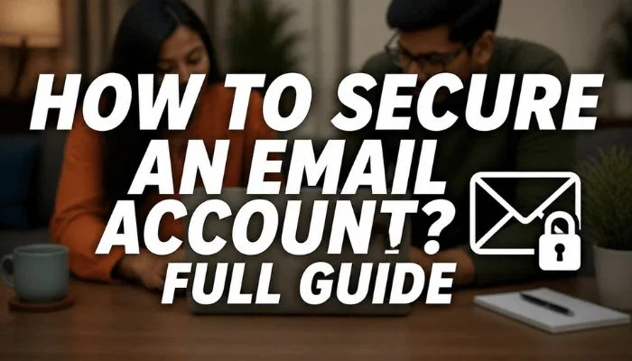blurred couple using laptop with email security lock icon and text “How to Secure an Email Account? Full Guide”