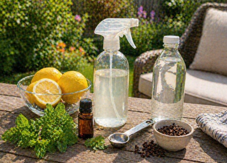 homemade natural wasp repellent ingredients with spray bottle, lemons, mint, and cloves on outdoor table
