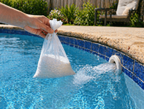 Hand holding a bag of pool chemicals over a swimming pool near the water return jet