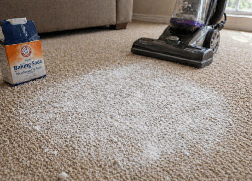 Baking soda and vacuum cleaner on a carpet floor