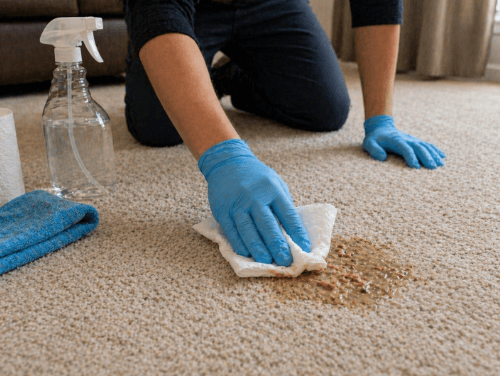 Person wearing gloves cleaning a stain from carpet with a cloth