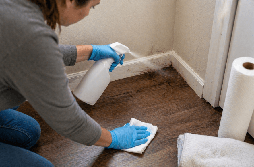 person cleaning mold from floor corner and baseboard with spray bottle and cloth