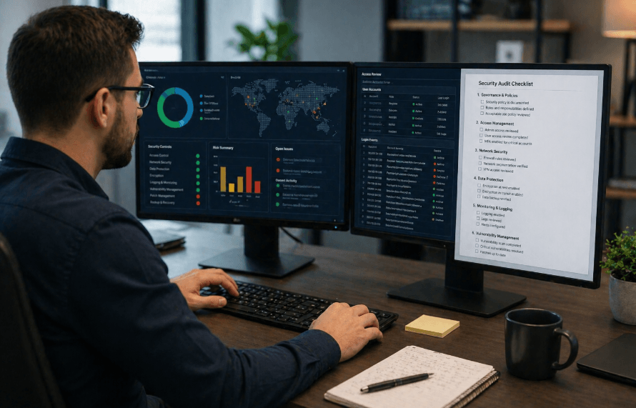 IT professional reviewing security audit checklist and analytics dashboard on dual computer monitors