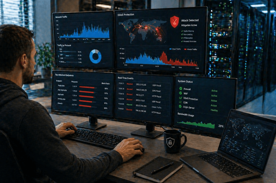 cybersecurity analyst monitoring DDoS attack traffic and protection dashboard on multiple screens
