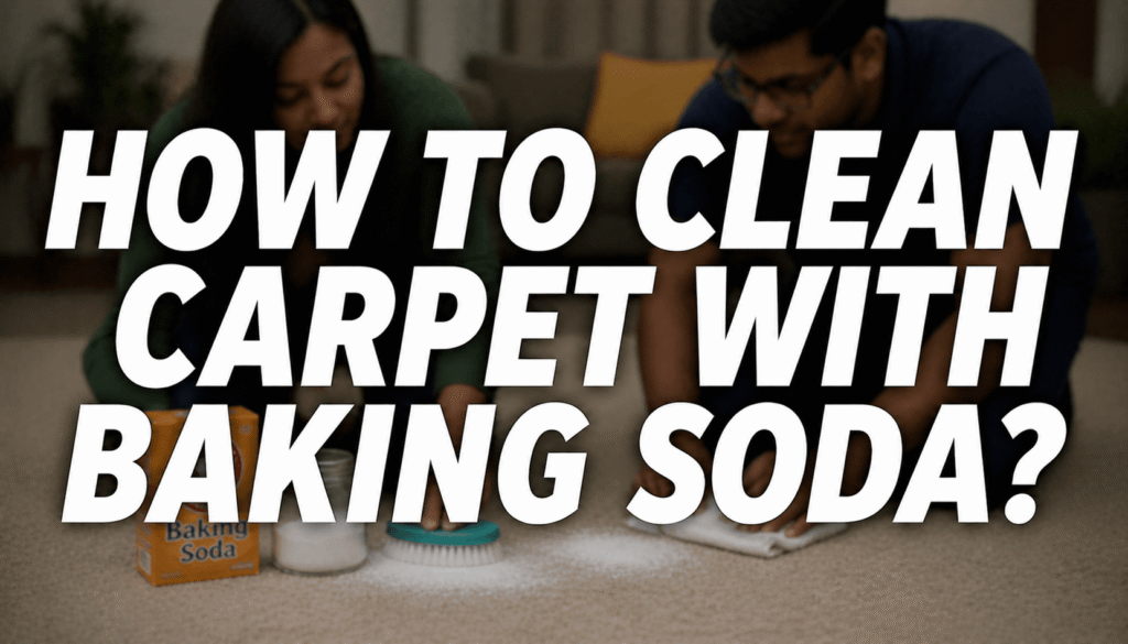 blurred couple cleaning carpet with baking soda using brush and cloth with text “How to Clean Carpet with Baking Soda?”