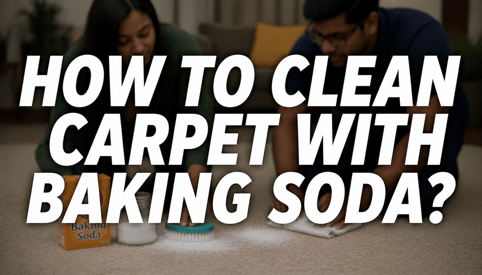 blurred couple cleaning carpet with baking soda using brush and cloth with text “How to Clean Carpet with Baking Soda?”