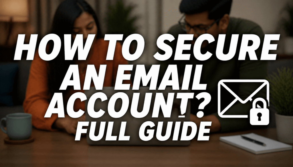 blurred couple using laptop with email security lock icon and text “How to Secure an Email Account? Full Guide”