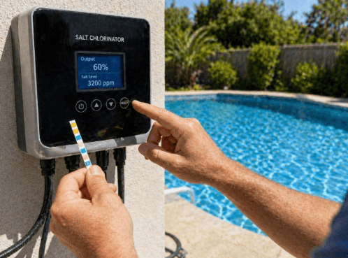Person adjusting a salt chlorinator while holding a pool test strip by the swimming pool