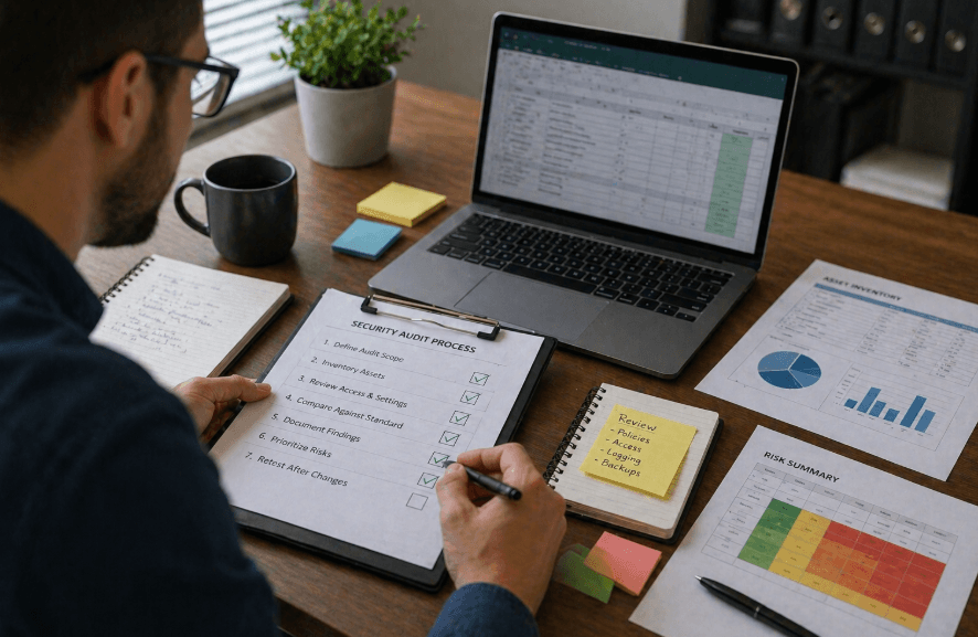 IT auditor reviewing security audit checklist with laptop, spreadsheet, and risk assessment reports on desk