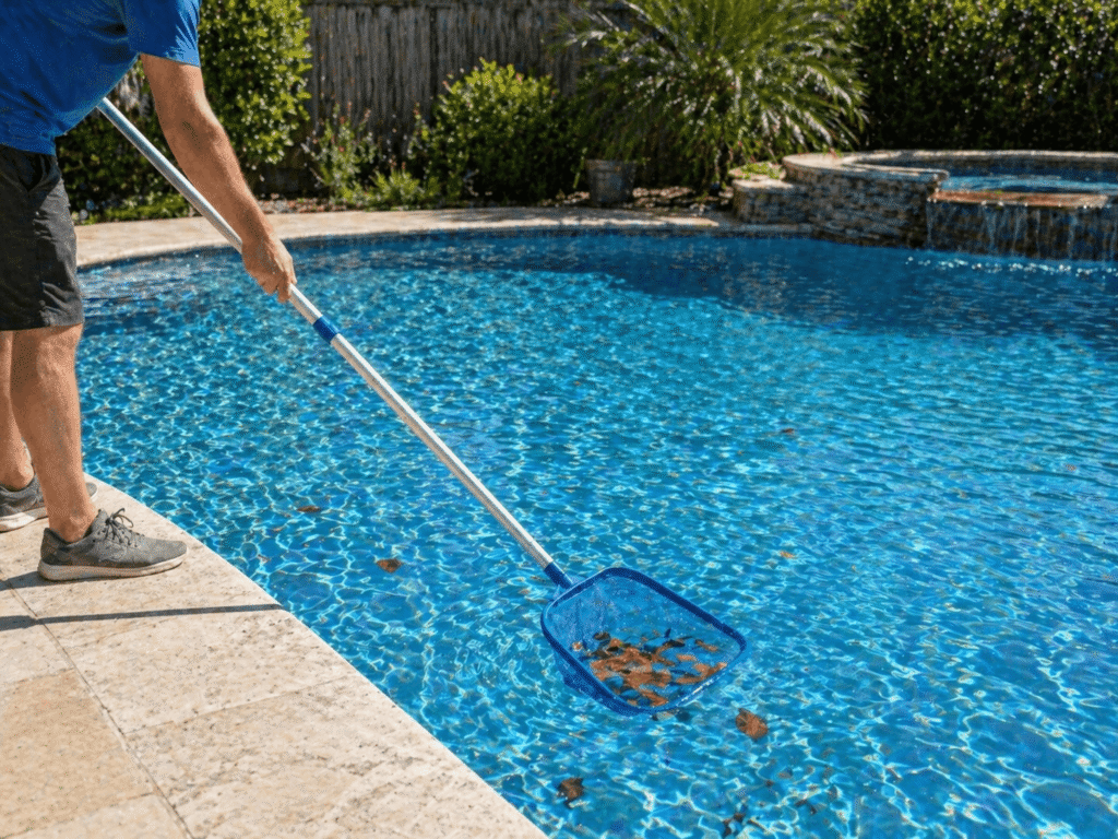 Person using a pool net to remove leaves from a swimming pool