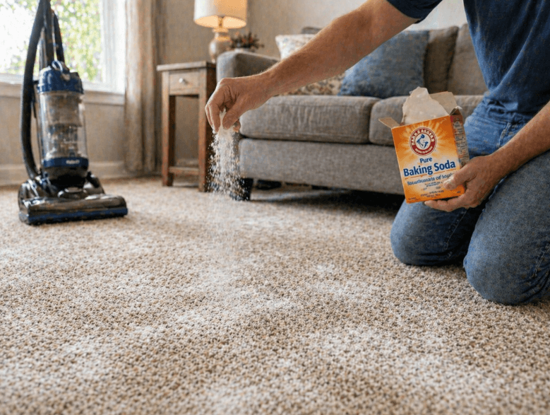 person sprinkling baking soda on carpet before vacuum cleaning in a living room