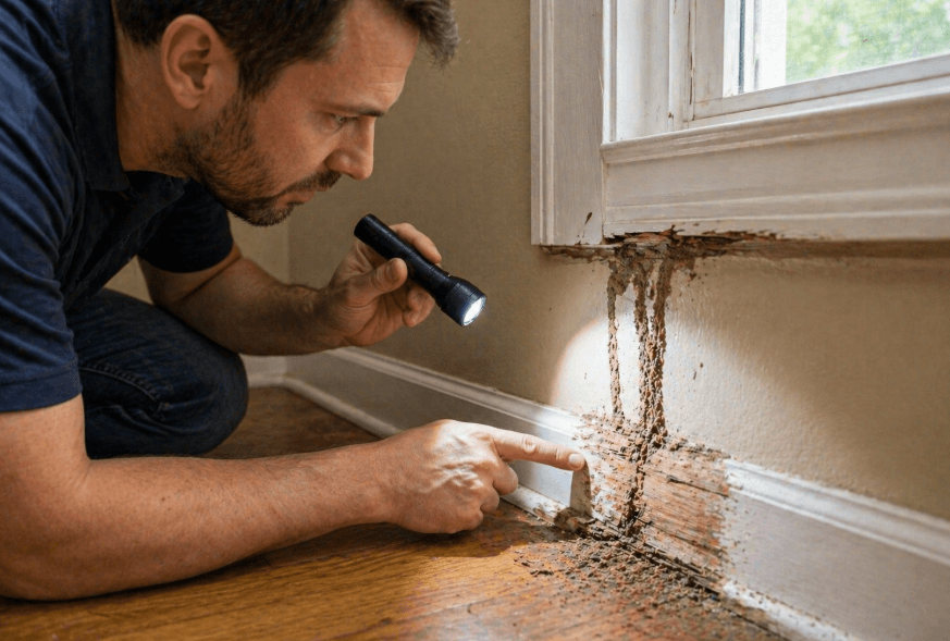 homeowner inspecting termite damage and mud tubes near interior window frame with flashlight