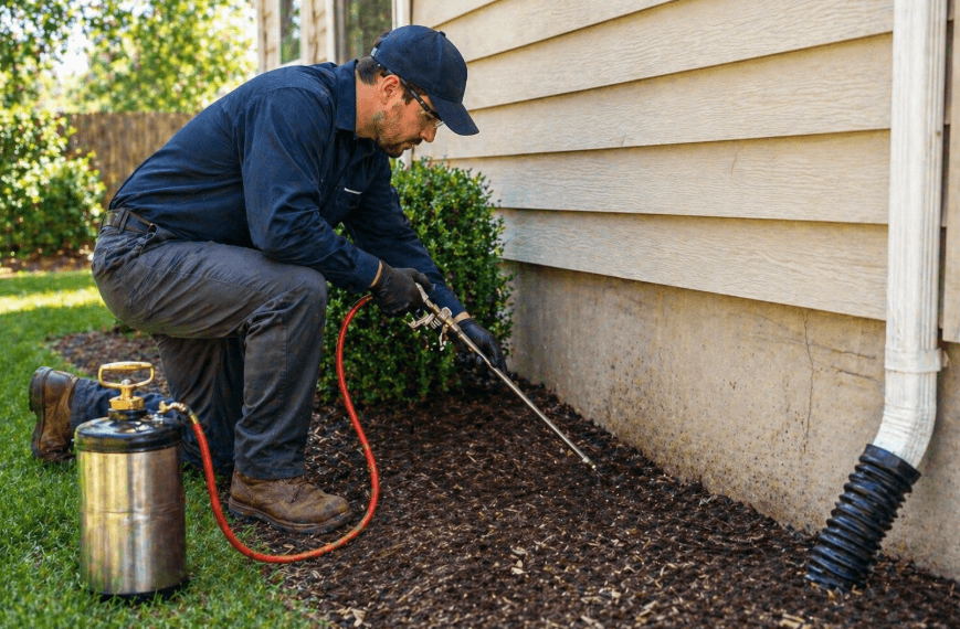 pest control technician spraying treatment along home foundation outside the house