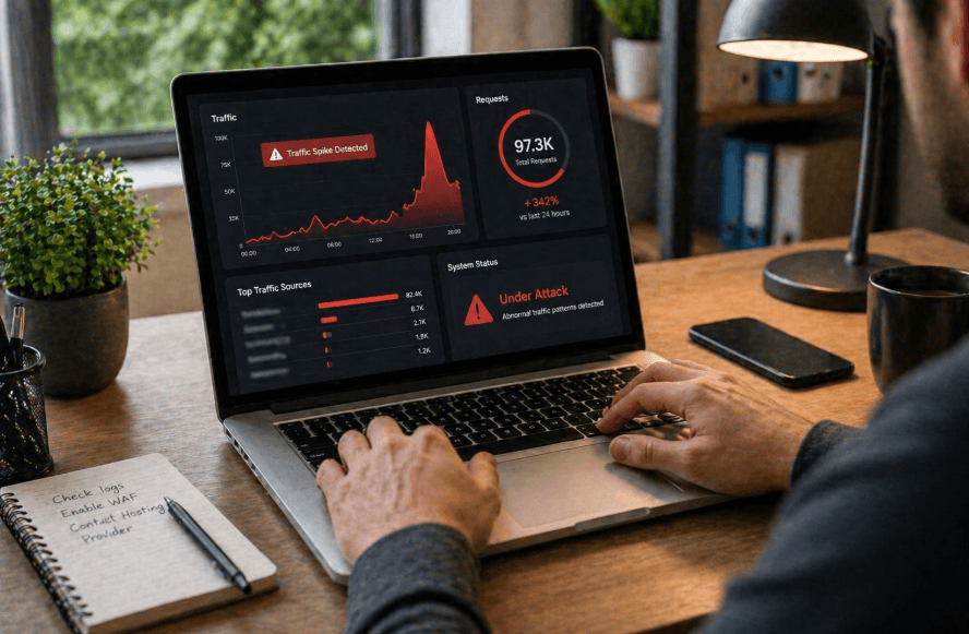person monitoring website traffic spike and cyber attack alerts on laptop analytics dashboard