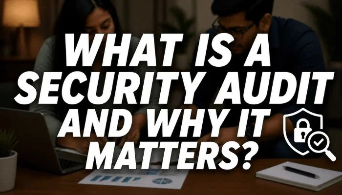blurred couple reviewing documents and laptop with security shield icon and text “What Is a Security Audit and Why It Matters?”