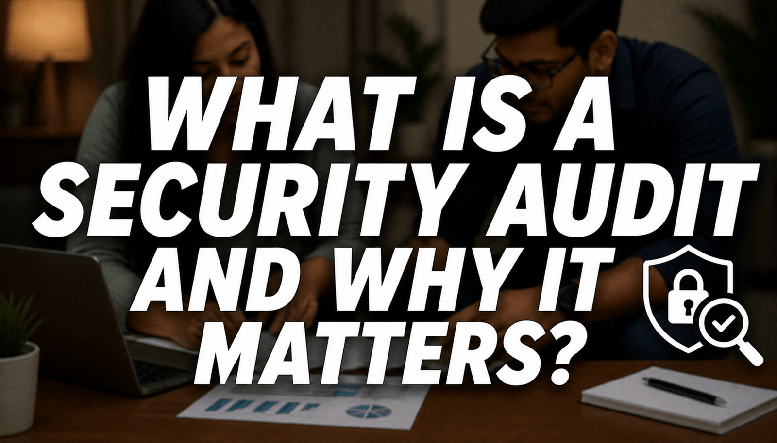 blurred couple reviewing documents and laptop with security shield icon and text “What Is a Security Audit and Why It Matters?”