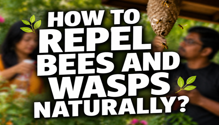 **Alt tag:** `How to repel bees and wasps naturally - a couple in a garden near a wasp nest with bees flying around`