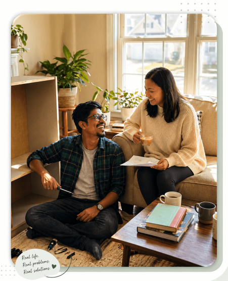 Man sitting on the floor smiling at a woman on a couch while holding a paper and a cup